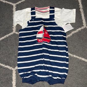 Vintage All Mine Navy Nautical Boat Embroidered Two Piece Set Size 24M NWT